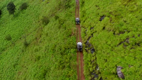 4K-Aerial-Follow-drone-shot-of-a-4x4-jeep-driving-on-an-off-road-trail-inside-the-forests