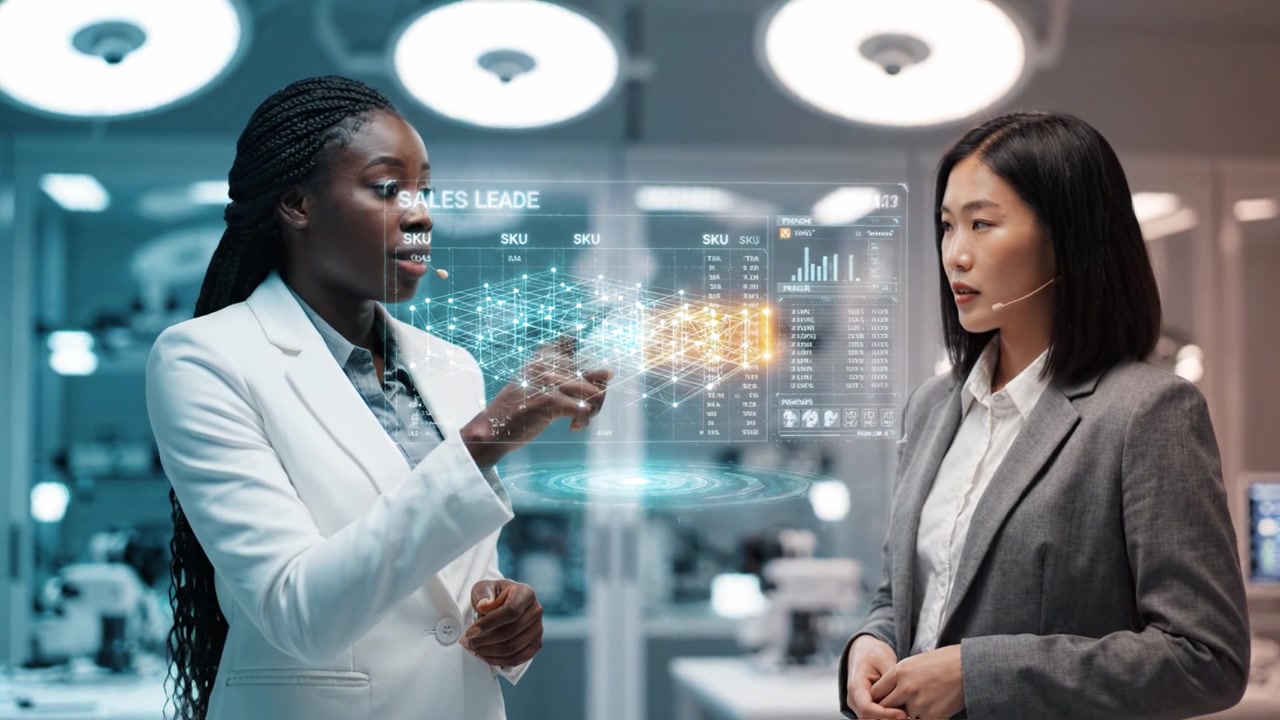 Engaging Business Discussion Between Two Professionals in a Modern Office Environment with Data Presentation and Analysis Visuals Highlighting Sales Strategies.