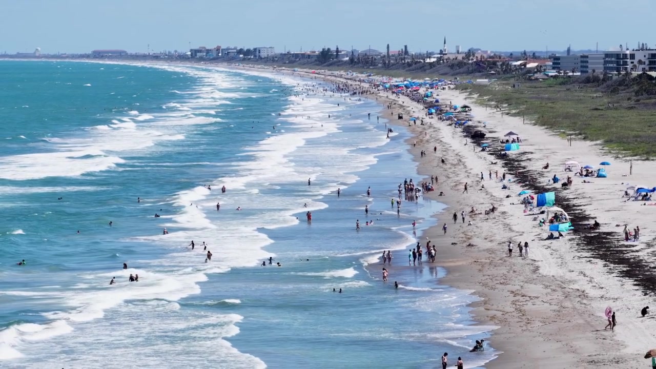 Multidões de nadadores atravessam ondas de espuma ao longo de uma praia coberta de algas, pontilhada com guarda-sóis azuis, com edifícios de condomínios alinhando a orla arenosa em Cocoa Beach, Flórida. Grande plano aéreo de drone