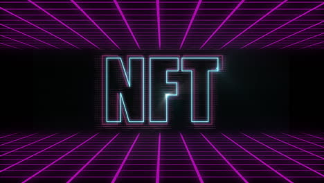 animación de nft sobre líneas púrpuras y espacio digital negro
