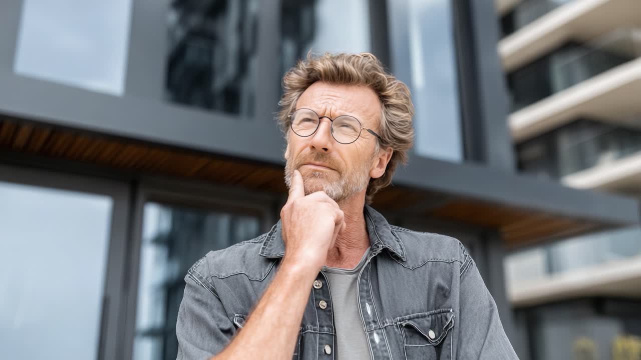 A thoughtful man pondering and reflecting while standing outside a modern building, with a curious expression showcasing contemplation and introspection