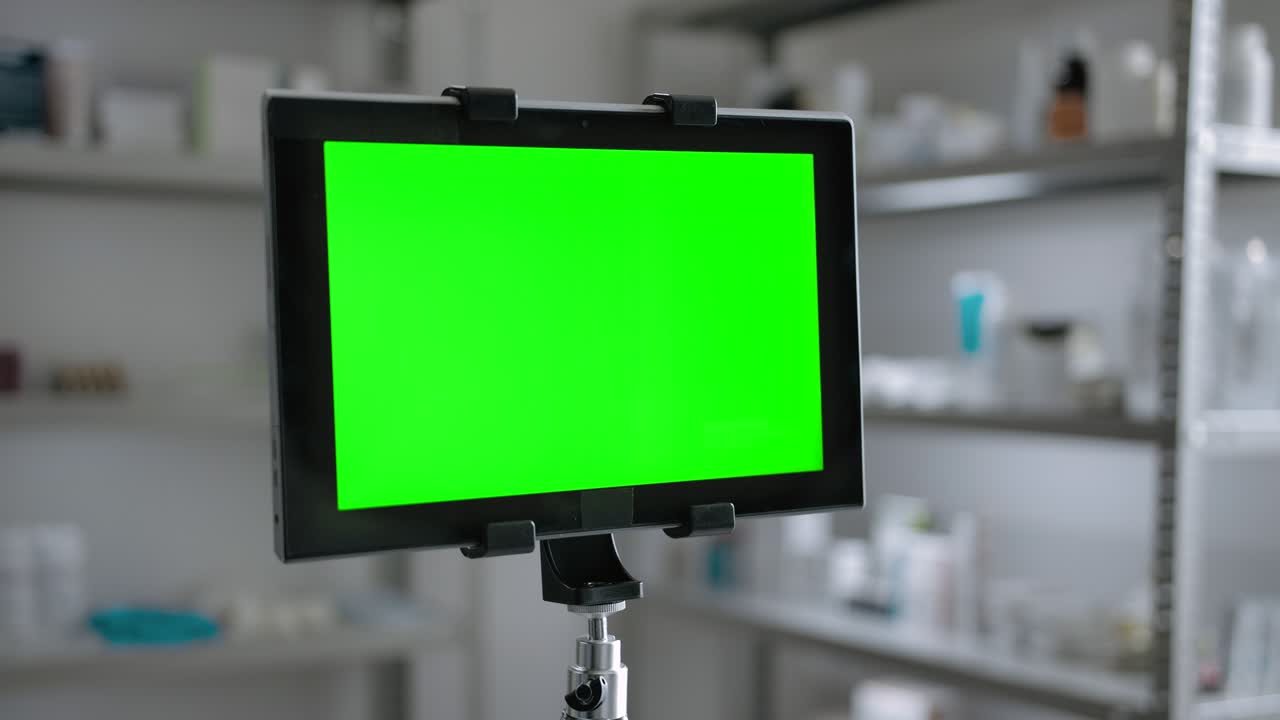 Green screen tablet PC indoor of pharmacy store ready for tracking