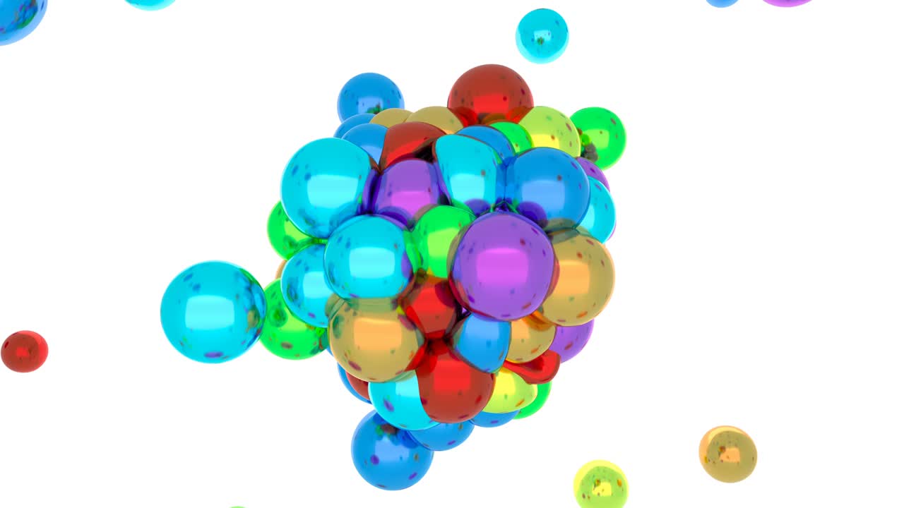 Metal spheres of different colors are pulled together by a magnet to one point soft body physics 3d liquid sphere stylish minimalistic design footage 4k