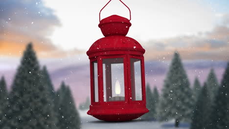 animación de nieve cayendo sobre linterna roja en el paisaje de invierno