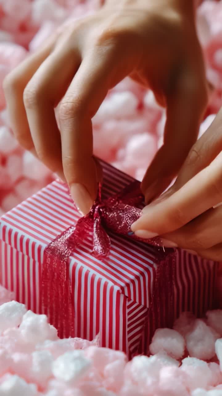 A Beautifully Wrapped Gift Box Surrounded by Soft Pink and White Packing Peanuts, Capturing the Excitement of Opening Presents and Celebrating Special Moments, Perfect for All Occasions