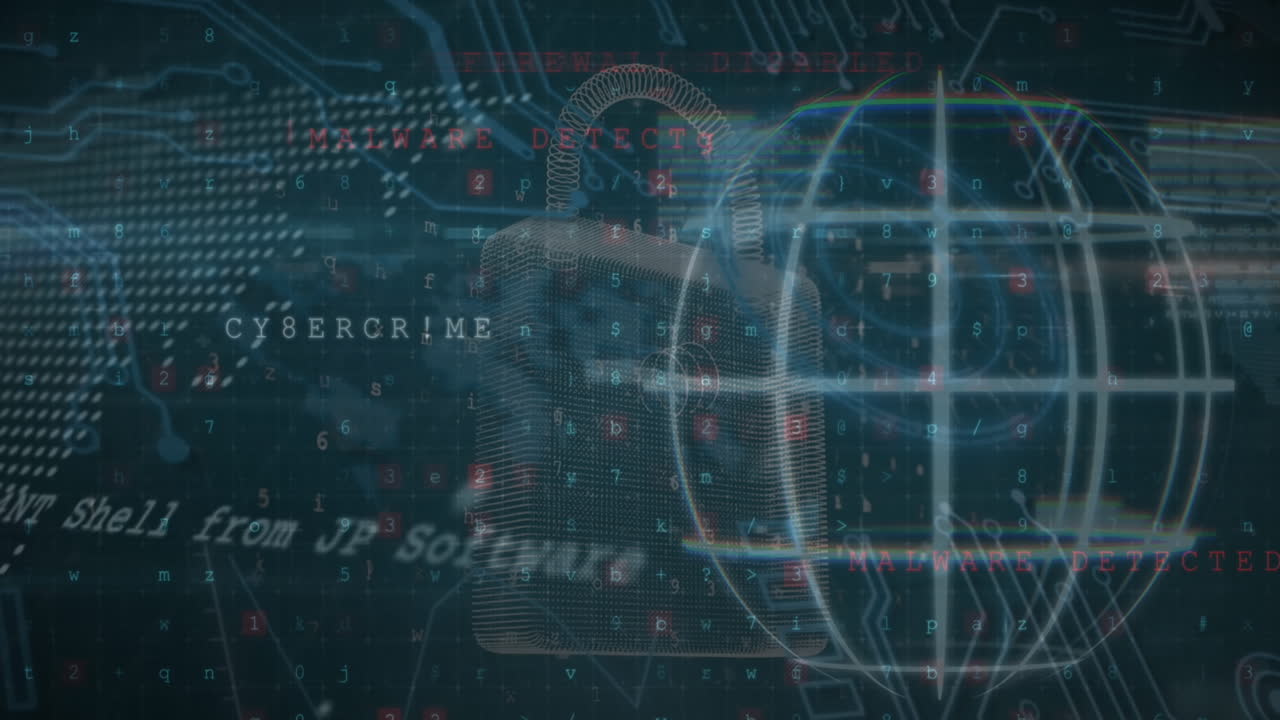 Animation of globe, world map, data processing and digital padlock