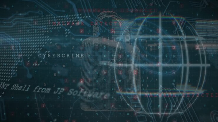 Animation of globe, world map, data processing and digital padlock