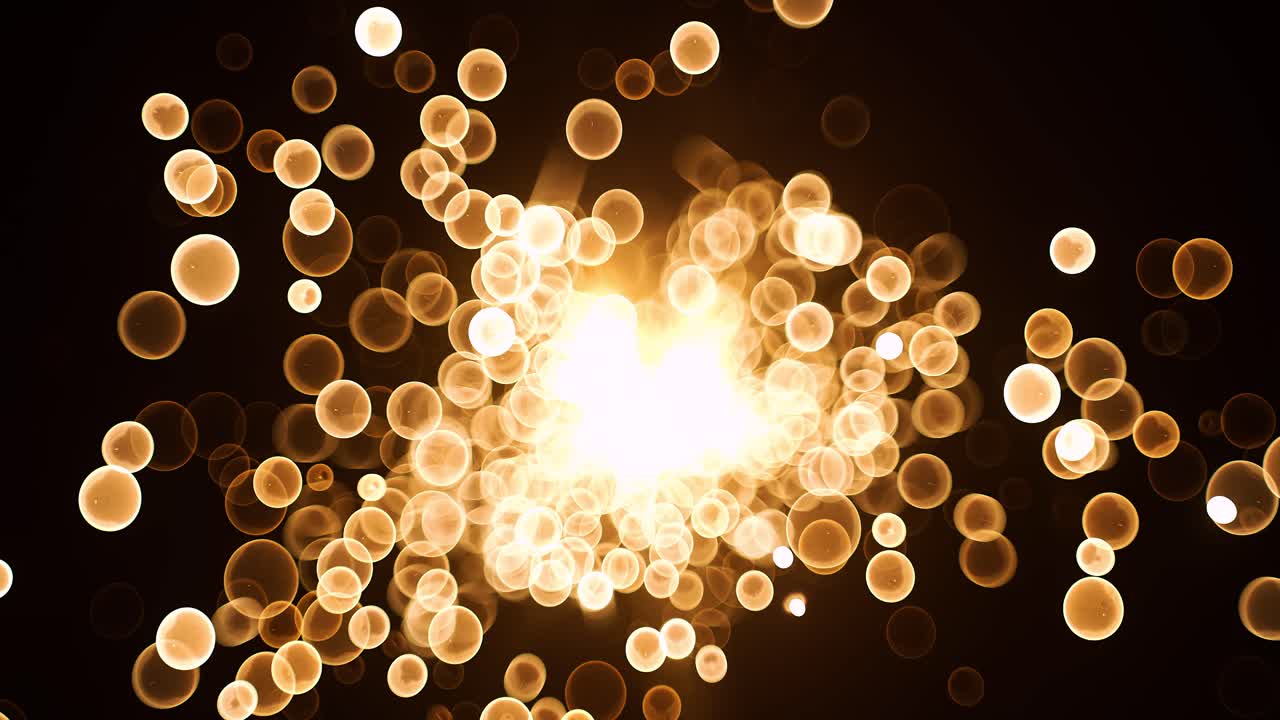흑색 배경에서 날아다니는 추상적인 반이는 금 보케 (bokeh) 거품 입자, 오렌지색 은 금 보케 입자, 먼지가 슈퍼 슬로 모션 카메라 1000fps에서 공중에 날아다닙니다.