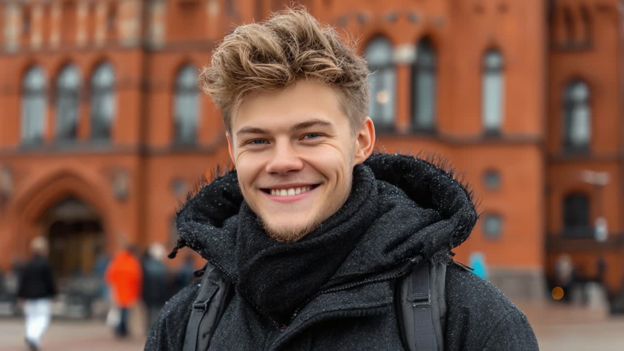 Lachende jonge man in winterjas tegen de achtergrond van een historisch gebouw, straalt geluk en warmte uit te midden van een besneeuwde stedelijke omgeving.