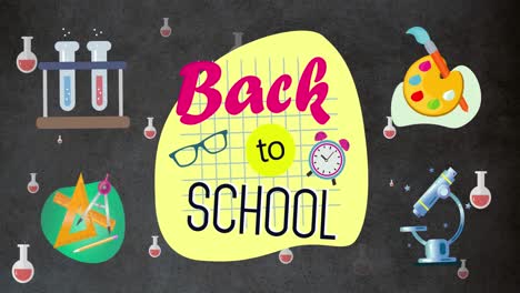 Animation-Von-Back-to-School-Texten-über-Schulartikel-Symbolen-Auf-Schwarzem-Hintergrund