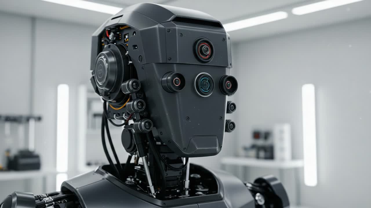 An Advanced Robot Features an Intricate Design with Multiple Cameras and Sensors, Highlighting the Future of AI Technology and Robotics in a Modern Workspace Environment