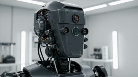 an advanced robot features an intricate design with multiple cameras and sensors, highlighting the future of ai technology and robotics in a modern workspace environment