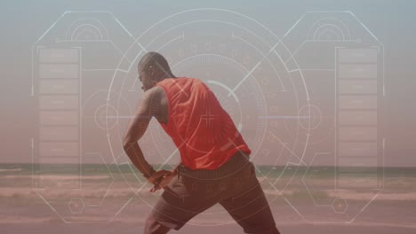 animación del procesamiento de datos sobre un hombre afroamericano haciendo ejercicio en la playa
