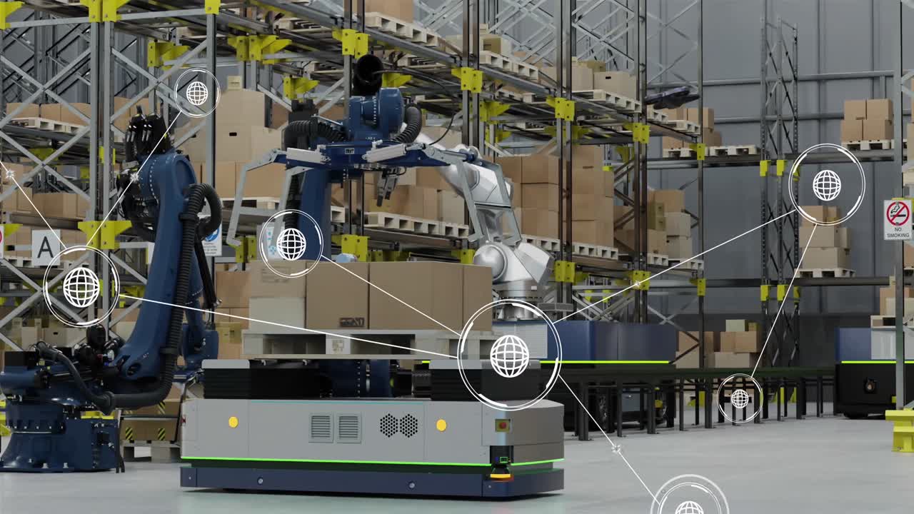 Animation of network of conncetions with icons over robotic arms with boxes in warehouse