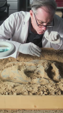 paleontologist examining a dinosaur footprint fossil