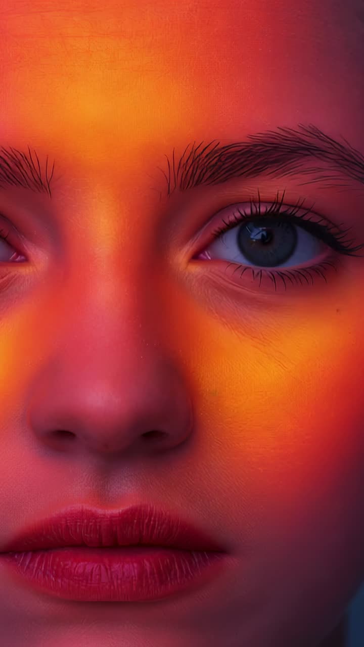 Hochformatiges Video: Blinzelndes weibliches Modell, das warmem Licht folgt, das sich in einem Studio über das Gesicht bewegt, orangefarbenes Gel