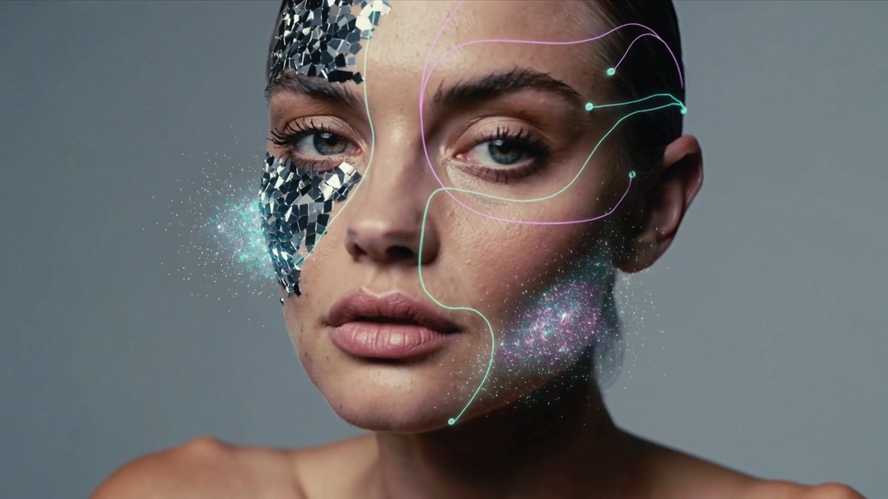 Facing female model steady in studio as neon line starting to trace contours, showing mosaic pieces