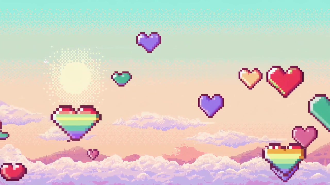 Cuori in pixel art che fluttuano su un cielo al tramonto da sogno