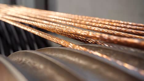 production of copper cable. rotating shafts with copper wire.