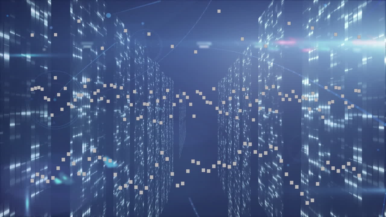 Animation of digital data particles floating in futuristic server room with lights