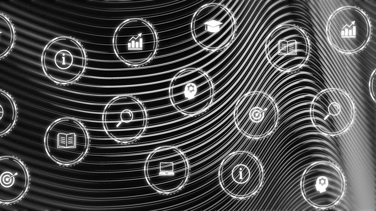 animación de una red de iconos digitales sobre un fondo oscuro