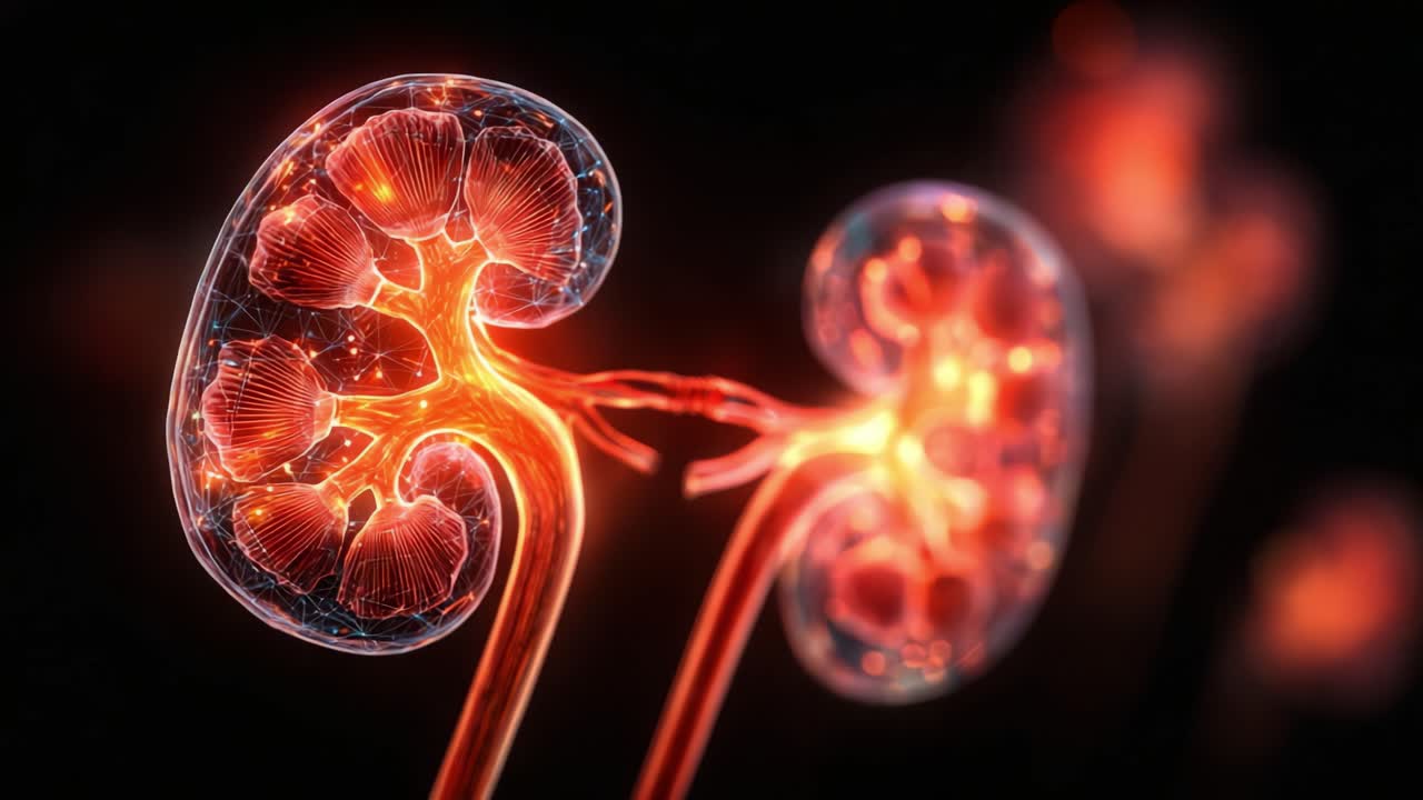 ハイテクなレンダリングによる、発光する構造を持つ人体腎臓の詳細な可視化。血管と組織の複雑なネットワークを鮮やかに表現。