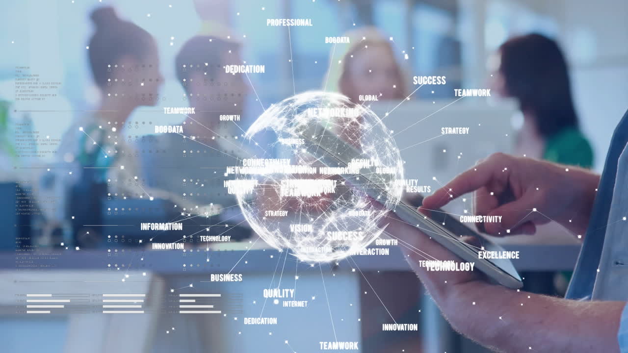사무실에서 다양한 사업가들에 대한 연결 네트워크와 함께 지구의 애니메이션