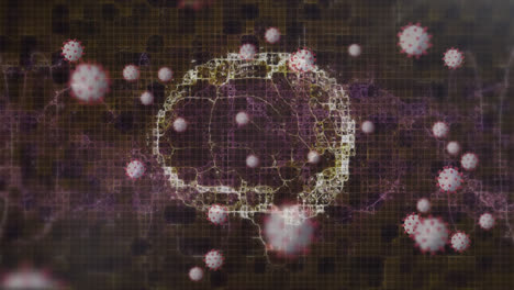 digital animation of multiple covid-19 cells against human brain spinning on black background