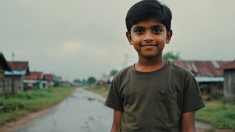 portrait of a smiling indian boy standing in a slum after the rain, wearing a green t shirt, with blurred houses and wet street in the background, conveying a sense of hope and resilience
