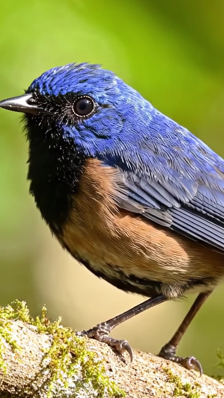 Uno splendido uccello blu appollaiato con grazia su un ramo muschioso contro uno sfondo verde sfocato, che mostra le sue bellissime piume e lo splendore della natura