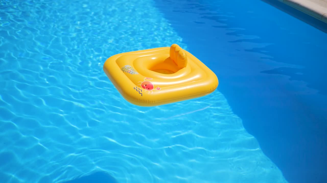 Pool with Yellow Inflatable Ring Lifesaver Floating in Clear Pool Water on a Sunny Afternoon