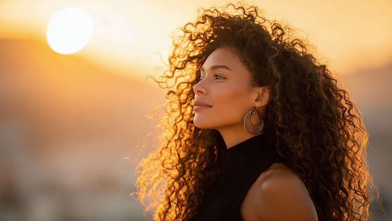 A Young Woman Enjoys a Beautiful Sunset with Soft Light Highlighting Her Curly Hair, Capturing a Moment of Peace and Serenity Amidst Nature's Colors