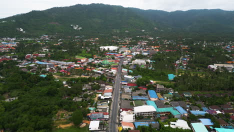 drone-approaching-koh-samui-Thailand-small-village-attraction-of-tourist,-south-east-asia-travel-destination