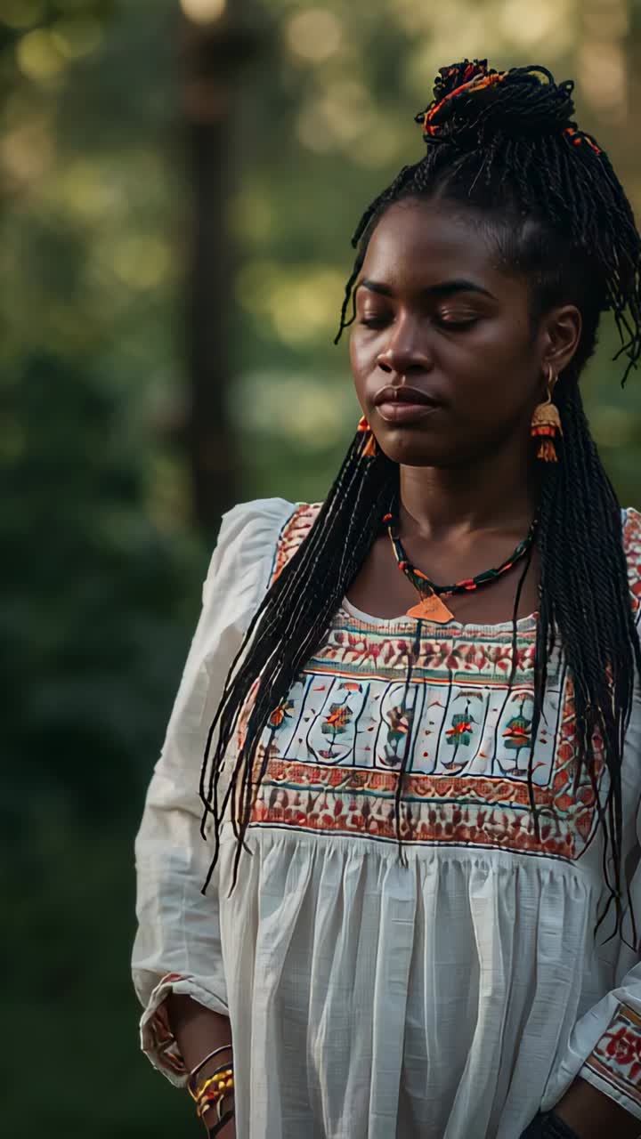 Vertical video: Opening eyes, woman with braids in forest feeling sun, tilting head, in boho dress