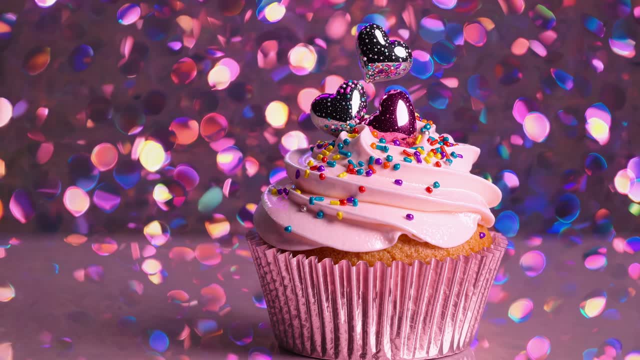 pastel rosa adornado con salpicaduras coloridas, decoraciones en forma de corazón, descansando en una superficie brillante, brillando en medio de un fondo borroso vibrante con luces cambiantes