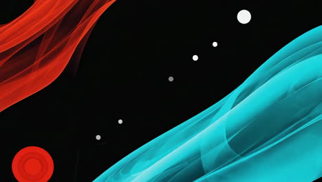 abstract red and blue flowing shapes with dots on black background