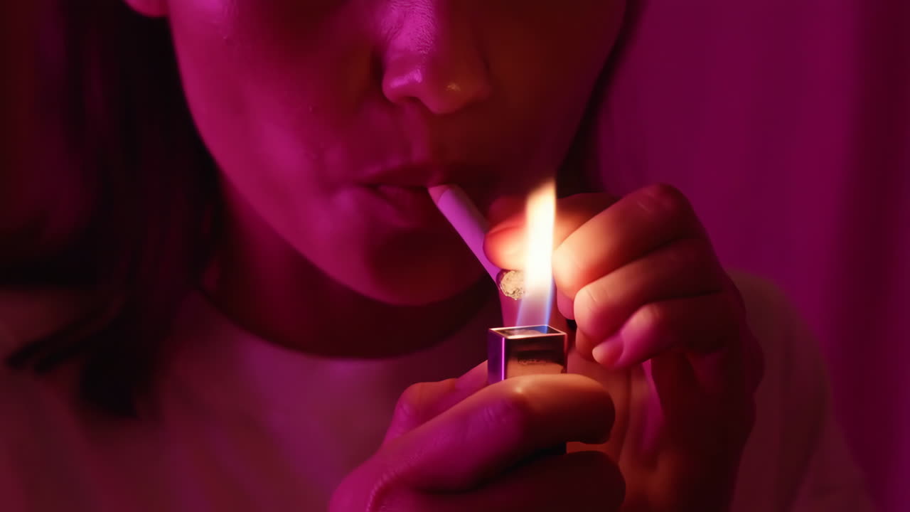 Close-up of a person lighting a cigarette under red light