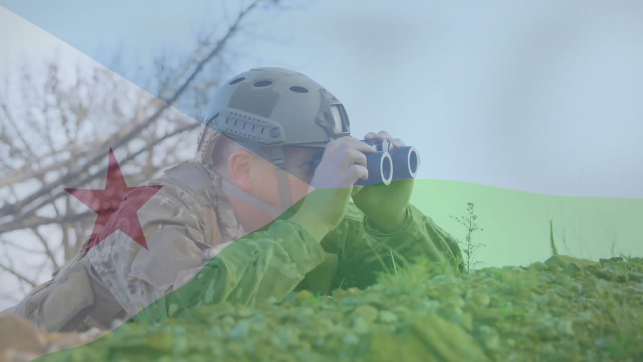 Soldier raising binoculars and scanning beyond mound for reconnaissance with Djibouti flag overlay