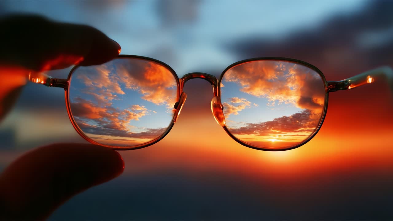 Captivating Sunset Reflections: A Close-Up of Glasses Framing a Vivid Sunset Scene with Striking Colors and Clouds, Showcasing the Beauty of Nature Through a Unique Perspective