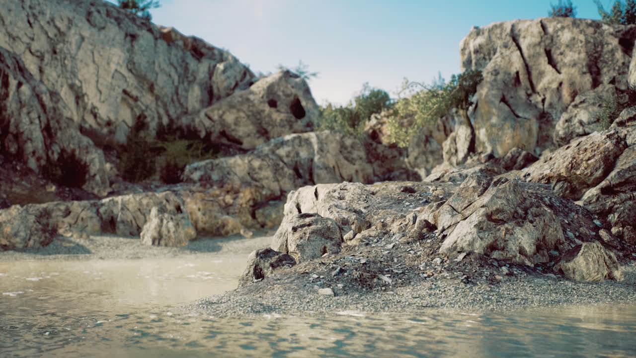 Rocky shore with tranquil waters under a clear sky in natural landscape
