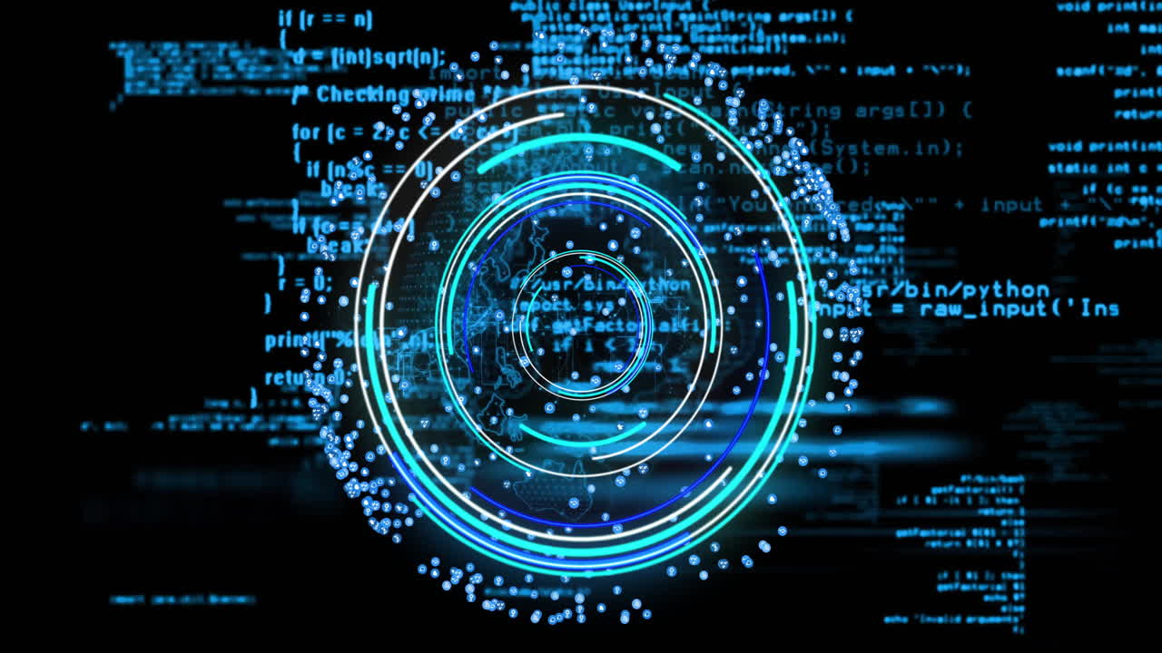 Animation of digital data processing over scope scanning on black background
