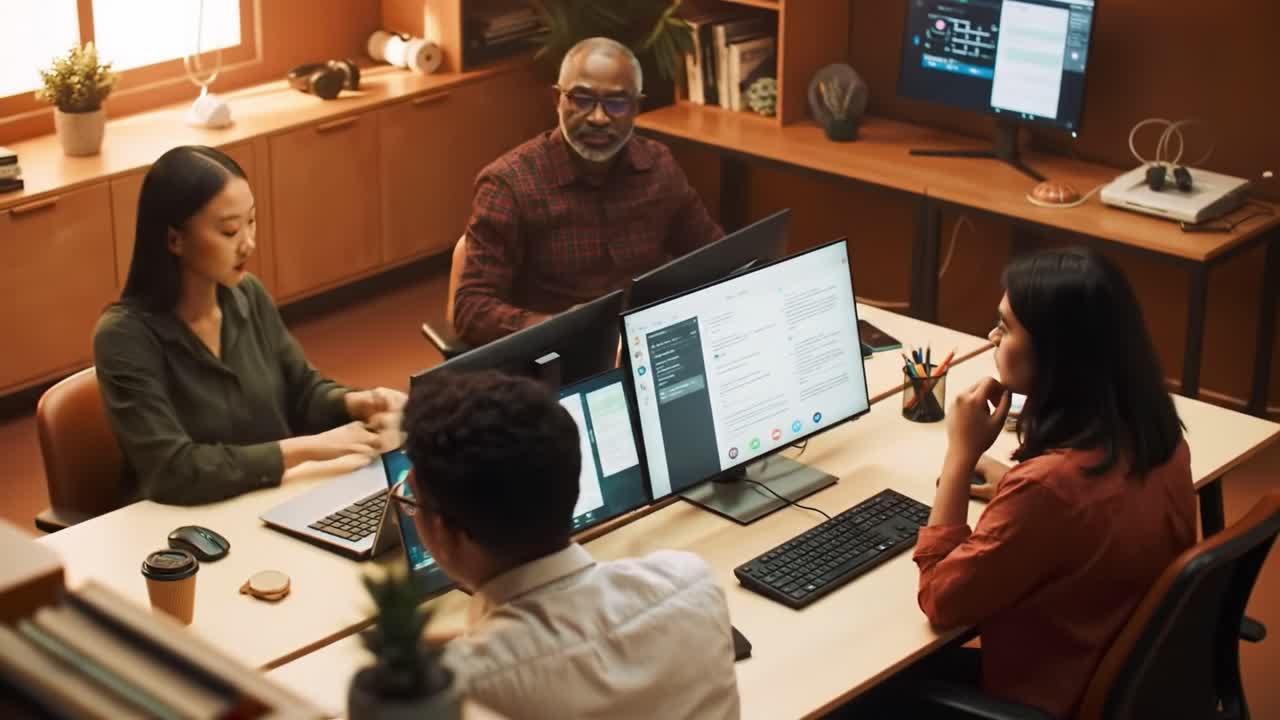 Collaborative Meeting in Modern Office: Diverse Team Engages in Discussion with Multiple Monitors Displaying Data and Ideas, Highlighting Effective Communication and Productivity