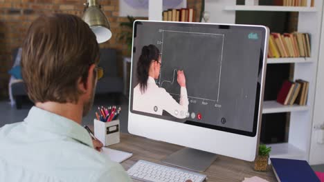 Caucasian-male-student-using-computer-on-video-call-with-female-teacher