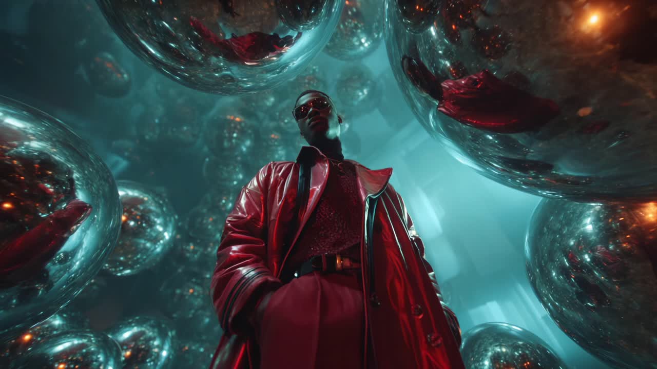 A striking fashion statement emerges within an abstract space filled with reflective spheres, showcasing the interplay of light, textures, and rich colors while highlighting bold, contemporary attire and artistic expression
