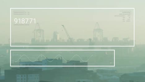 animation of hud screens with numbers over silhouette buildings and cranes in city