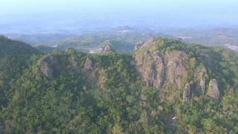 Drohnenansicht-Von-Hoch-Aufragenden-Felsen,-Die-Von-Grüner-Baumvegetation-Bedeckt-Sind