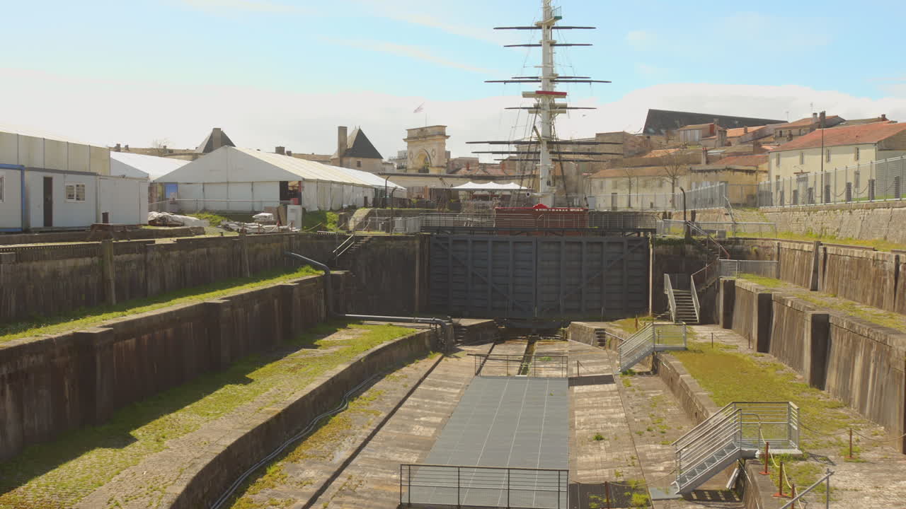 Inside view of Maritime museum in Rochefort, France during daytime with boats at background.