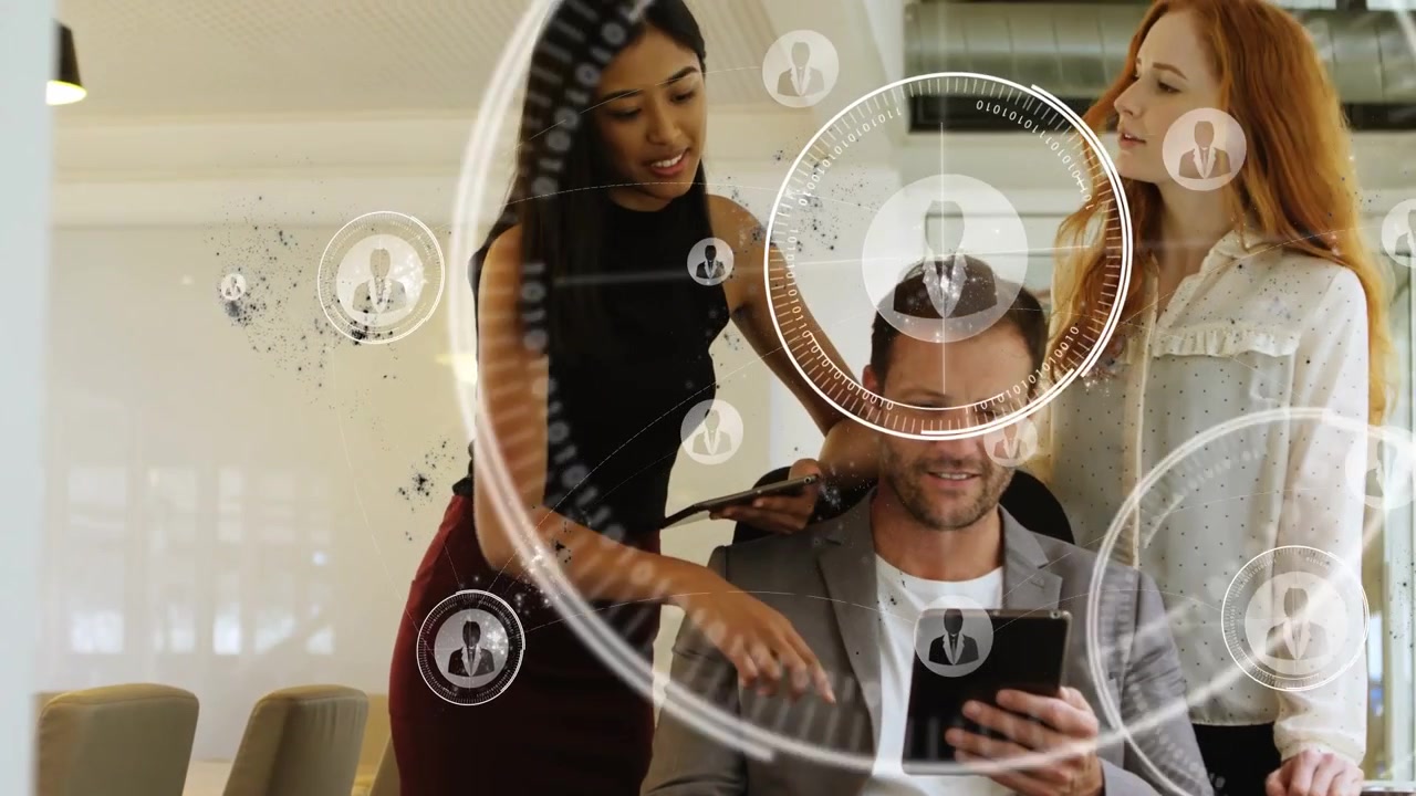 Animated HUD appearing man and team in workwear scrolling pointing and reviewing tablet in office