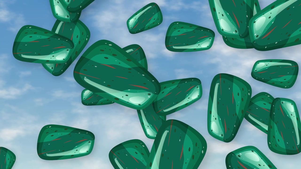 Polished green gemstones tumble downward against a bright blue sky with soft white clouds.
