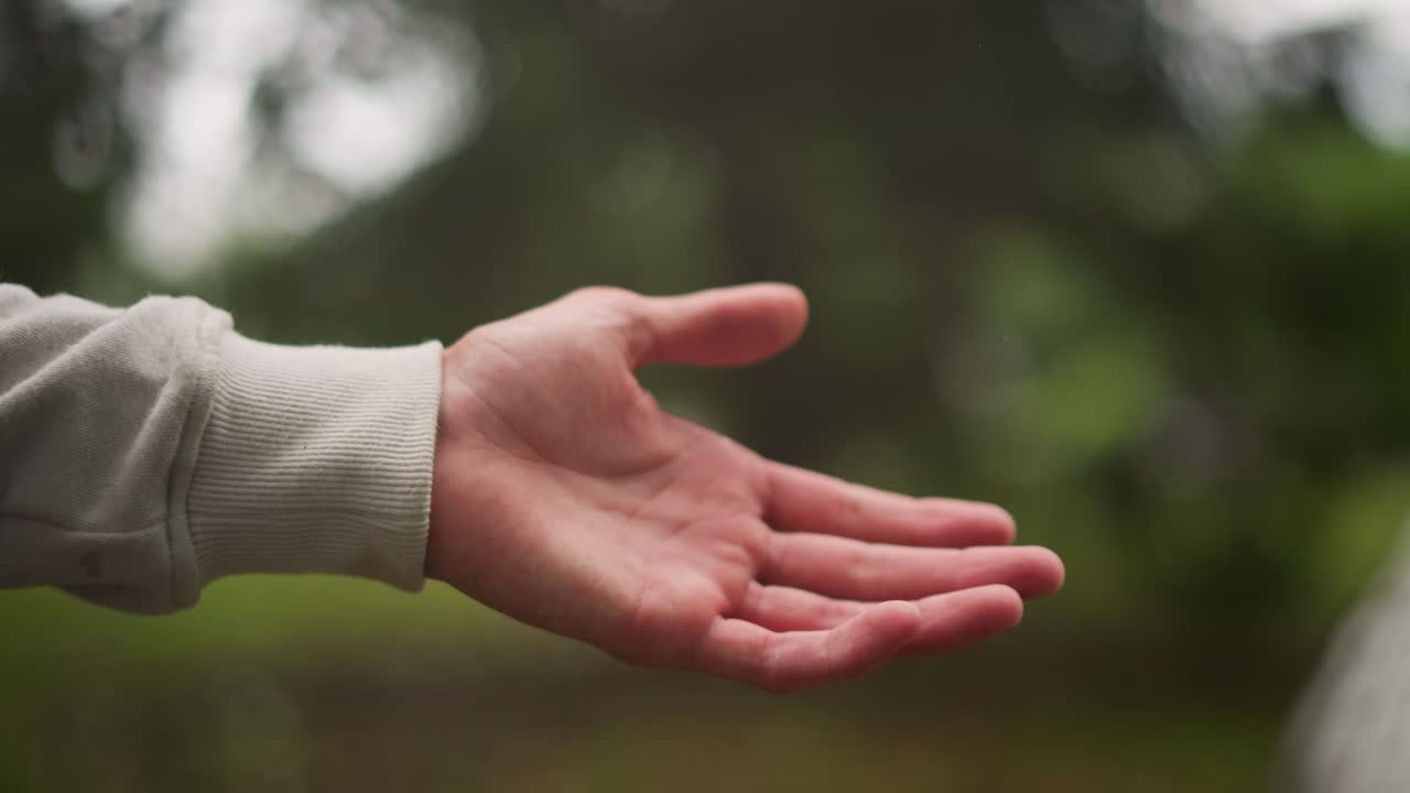 Hand skillfully holding gentle raindrops, Calm scene with hand catching gentle rain in park setting, Serene atmosphere with outstretched hand floating amidst gentle rain in peaceful park